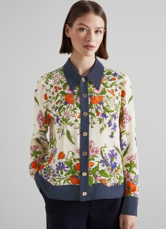 L.K. BENNETT Ernst Cream Poppy Print Silk-Blend Blouse ~ silky floral collared blouses - flipped