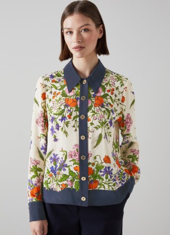 L.K. BENNETT Ernst Cream Poppy Print Silk-Blend Blouse ~ silky floral collared blouses