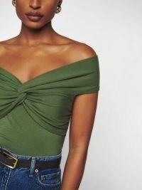 Reformation Ezlynn Knit Top in Moss – fitted green twist detail tops – bardot neckline fashion – off the shoulder clothes