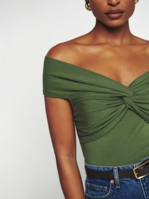 Reformation Ezlynn Knit Top in Moss – fitted green twist detail tops – bardot neckline fashion – off the shoulder clothes - flipped