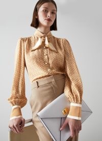 L.K. BENNETT Ferry Tan Key Print Silk Blouse ~ silky light brown tie neck blouses ~ womens luxury vintage style clothes