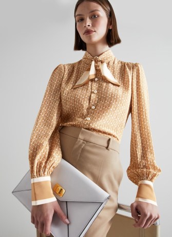 L.K. BENNETT Ferry Tan Key Print Silk Blouse ~ silky light brown tie neck blouses ~ womens luxury vintage style clothes - flipped