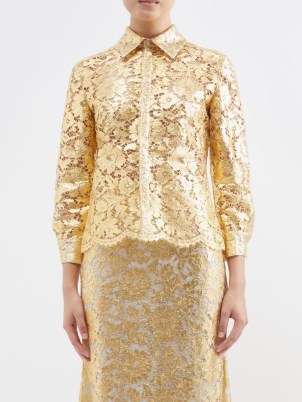VALENTINO Metallic lace blouse in gold ~ luxe semi sheer floral event blouses ~ womens luxury scalloped hem shirts ~ opulent occasion clothes - flipped