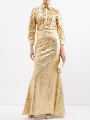 VALENTINO Metallic lace fishtail maxi skirt in gold ~ womens luxe long length occasion skirts ~ women’s luxury floral event clothes - flipped