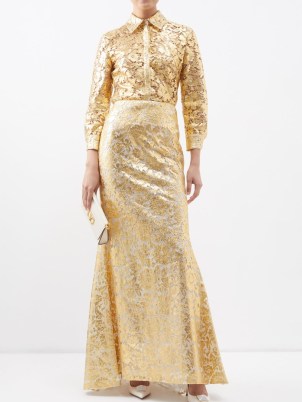 VALENTINO Metallic lace fishtail maxi skirt in gold ~ womens luxe long length occasion skirts ~ women’s luxury floral event clothes