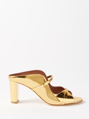 MALONE SOULIERS Norah 70 metallic-leather mules in gold ~ shiny open toe mule sandals - flipped