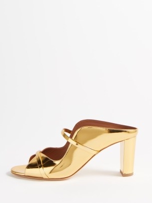 MALONE SOULIERS Norah 70 metallic-leather mules in gold ~ shiny open toe mule sandals