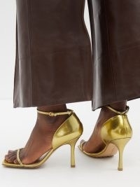 BOTTEGA VENETA Stretch 90 metallic-leather sandals in gold ~ square toe barely there evening heels ~ women’s luxe occasion shoes