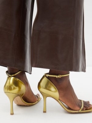 BOTTEGA VENETA Stretch 90 metallic-leather sandals in gold ~ square toe barely there evening heels ~ women’s luxe occasion shoes - flipped