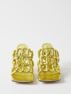 BOTTEGA VENETA Stretch square-toe woven-leather mules in gold ~ luxe mule sandals - flipped