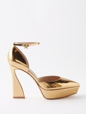 GIANVITO ROSSI Vertigo 85 metallic-leather pumps in gold ~ shiny point toe ankle strap courts ~ luxe sculpted high heel platforms - flipped
