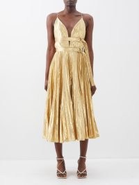 ALTUZARRA Winda double-belted lamé midi dress in gold ~ metallic spaghetti strap occasion dresses ~ sleeveless fit and flare ~ glamorous evening event clothes with skinny straps