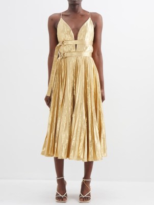 ALTUZARRA Winda double-belted lamé midi dress in gold ~ metallic spaghetti strap occasion dresses ~ sleeveless fit and flare ~ glamorous evening event clothes with skinny straps - flipped