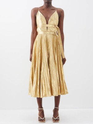 ALTUZARRA Winda double-belted lamé midi dress in gold ~ metallic spaghetti strap occasion dresses ~ sleeveless fit and flare ~ glamorous evening event clothes with skinny straps