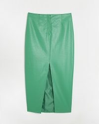 RIVER ISLAND GREEN FAUX LEATHER MIDI SKIRT – front slit pencil skirts – womens fake leather fashion