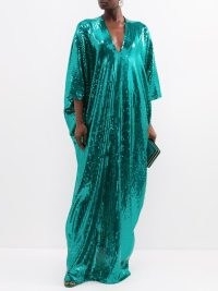 TALLER MARMO Gala Disco V-neck sequinned-crepe gown in green ~ teal sequin covered kimono style gowns ~ shimmering deep plunge occasion dresses ~ luxury event clothes