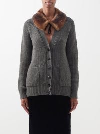 SAINT LAURENT Detachable faux fur-collared wool cardigan in grey / fluffy collar cardigans / chic knits
