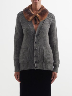 SAINT LAURENT Detachable faux fur-collared wool cardigan in grey / fluffy collar cardigans / chic knits - flipped