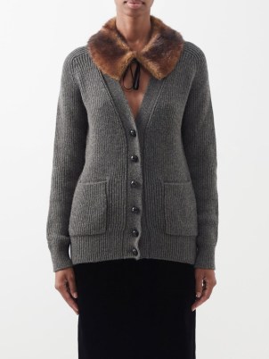 SAINT LAURENT Detachable faux fur-collared wool cardigan in grey / fluffy collar cardigans / chic knits