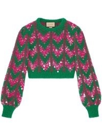 Gucci sequin-embellished chevron-intarsia jumper in bright green / fuchsia pink – cropped sequinned jumpers