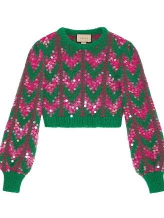 Gucci sequin-embellished chevron-intarsia jumper in bright green / fuchsia pink – cropped sequinned jumpers - flipped