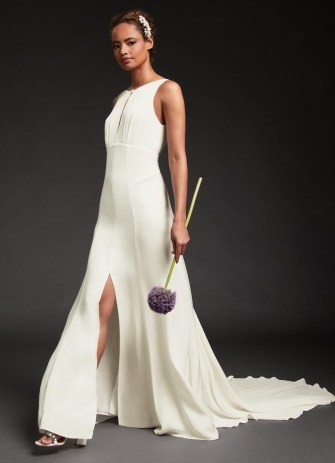 L.K. BENNETT Hyacinth Ivory Low Back Long Train Wedding Dress ~ sleeveless front slit bridal dresses ~ deep V back detail - flipped