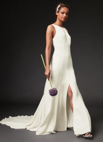 L.K. BENNETT Hyacinth Ivory Low Back Long Train Wedding Dress ~ sleeveless front slit bridal dresses ~ deep V back detail