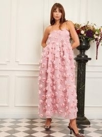 sister jane DREAM BE OUR GUEST Corsage Maxi Dress ~ strappy pink floral applique party dresses ~ skinny shoulder strap occasion fashion ~ romantic evening clothes