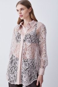 KAREN MILLEN Italian Lace & Satin Tailored Longline Shirt in Blush ~ pale pink semi sheer floral shirts