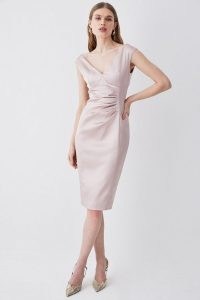 KAREN MILLEN Italian Structured Satin Off The Shoulder Pencil Midi Dress in Blush ~ glamorous pale pink vintage style evening dresses ~ womens feminine ruched detail party fashion