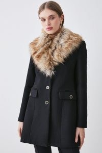 KAREN MILLEN Italian Wool Mix Faux Fur Collar Short Coat in Black | womens glamorous winter coats