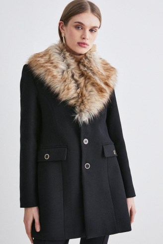 KAREN MILLEN Italian Wool Mix Faux Fur Collar Short Coat in Black | womens glamorous winter coats - flipped