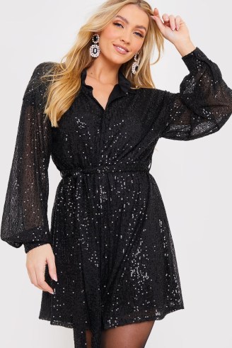 JAC JOSSA BLACK SEQUIN BELTED SHIRT DRESS ~ long sleeved tie waist party dresses ~ women’s sequinned evening occasion fashion - flipped