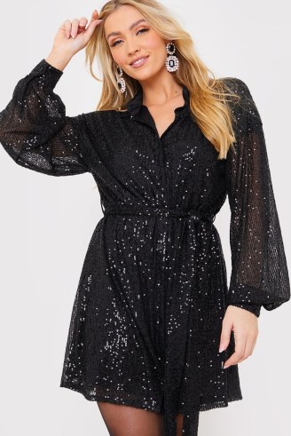 JAC JOSSA BLACK SEQUIN BELTED SHIRT DRESS ~ long sleeved tie waist party dresses ~ women’s sequinned evening occasion fashion
