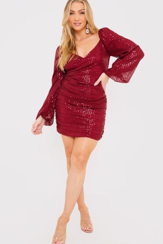 JAC JOSSA BURGUNDY SEQUIN WRAP RUCHED MINI DRESS ~ red sequinned party dresses - flipped