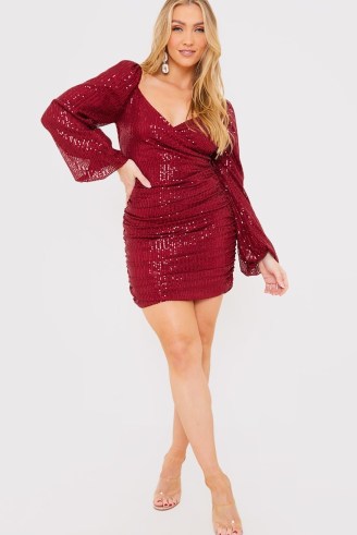 JAC JOSSA BURGUNDY SEQUIN WRAP RUCHED MINI DRESS ~ red sequinned party dresses