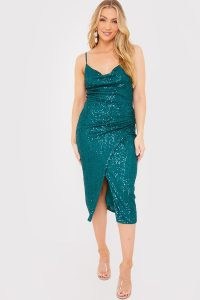JAC JOSSA GREEN SEQUIN COWL NECK STRAPPY MIDI DRESS ~ women’s celebrity inspired party dresses ~ strappy sequinned evening fashion