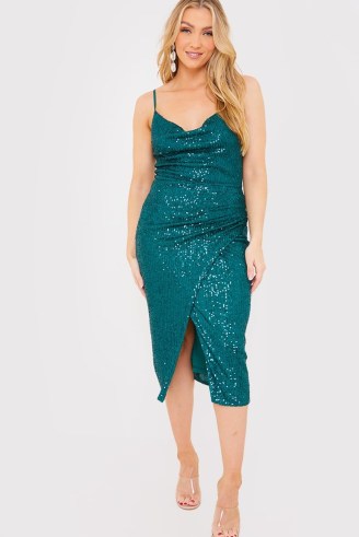JAC JOSSA GREEN SEQUIN COWL NECK STRAPPY MIDI DRESS ~ women’s celebrity inspired party dresses ~ strappy sequinned evening fashion