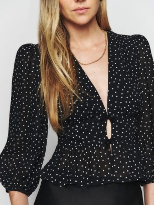Reformation Jada Top in Selene – puff sleeved polka dot blouses – vintage style spot print tops – front cut out detail - flipped