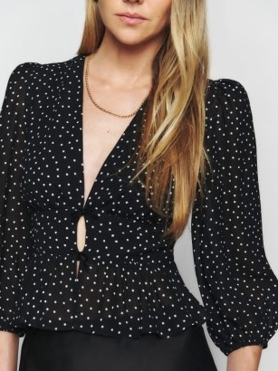 Reformation Jada Top in Selene – puff sleeved polka dot blouses – vintage style spot print tops – front cut out detail