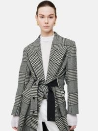 JIGSAW Italian Wool Belted Overcoat in Monochrome / women’s longline black and white checked coats / self tie waist / womens chic outerwear