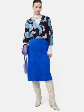 Jigsaw Suede Midi Skirt in Blue | straight panelled skirts - flipped
