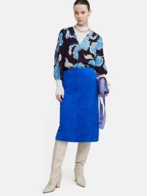 Jigsaw Suede Midi Skirt in Blue | straight panelled skirts