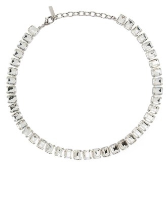 Olivia Palermo’s silver crystal embellished necklace, Corie by Jennifer Behr. Worn with a relaxed fit colour block V-neck cardigan. On Instagram, November 2022 | celebrity social media jewellery - flipped