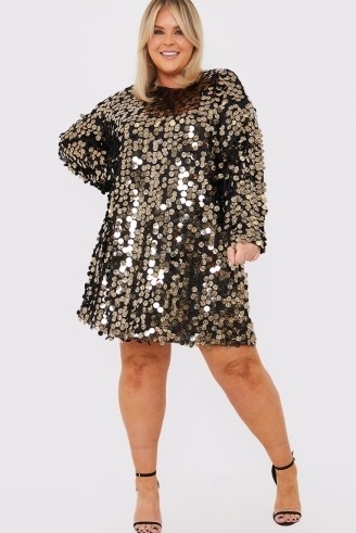 JESS MILLICHAMP BLACK & GOLD LARGE SEQUIN LONG SLEEVE T-SHIRT DRESS – plus size celebrity inspired party dresses – sequinned going out dashion
