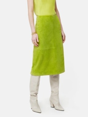 JIGSAW Suede Midi Skirt in Green / luxe lime skirts / citrus colour clothes - flipped
