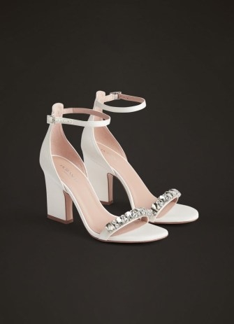 L.K. BENNETT Josephine Ivory Satin Jewelled Wedding Sandals ~ skinny block heels ~ embellished bridal shoes - flipped