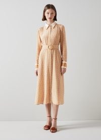 L.K. BENNETT Kate Tan Key Print Silk Shirt Dress ~ womens silky collared vintage style dresses ~ women’s luxe retro fashion