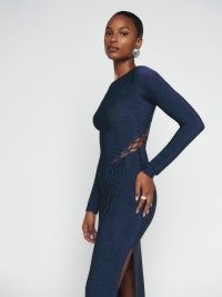 Reformation Kinsey Knit Dress in Midnight Sparkle – blue slim fit cut out occasion dresses – high slit – sparkling evening fashion