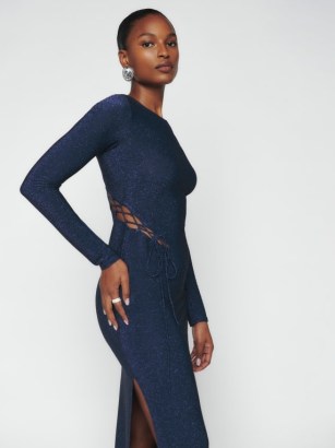Reformation Kinsey Knit Dress in Midnight Sparkle – blue slim fit cut out occasion dresses – high slit – sparkling evening fashion - flipped